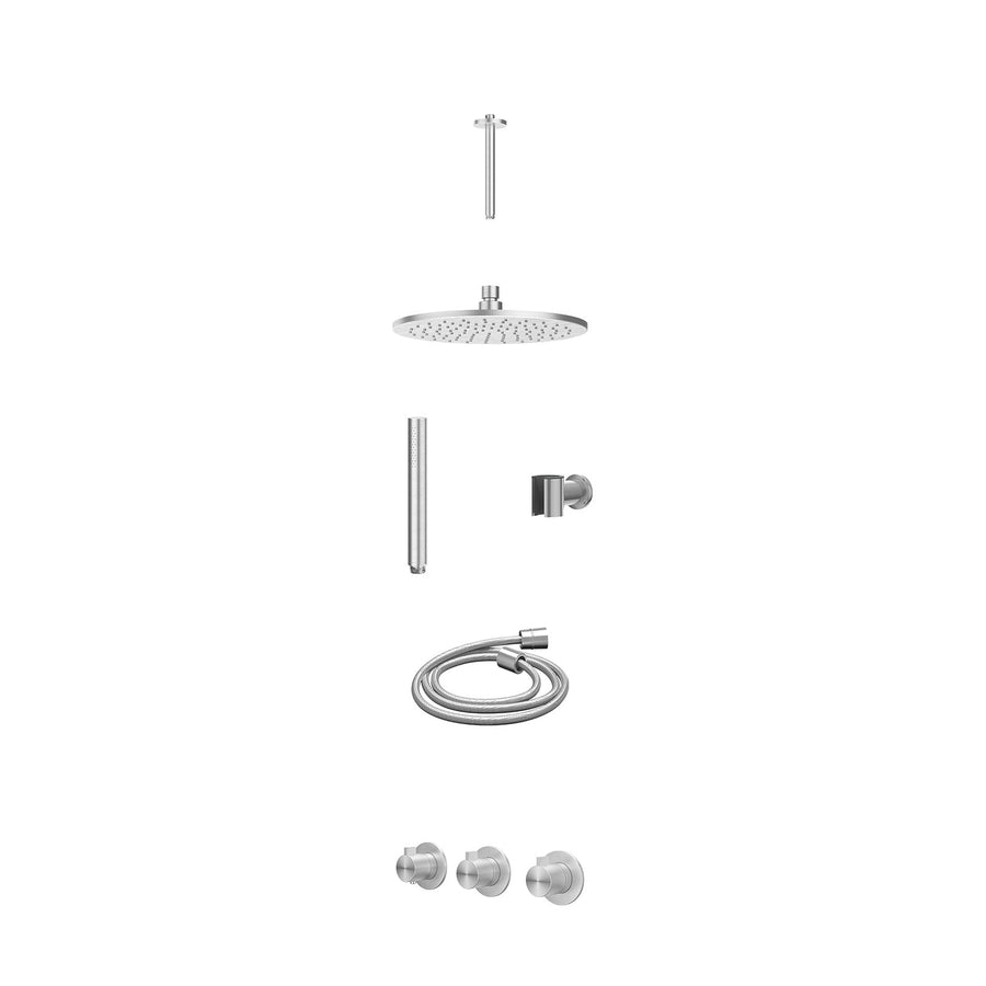 IVY Excl. inbouwbox regendoucheset inbouwthermostaatkraan met 2 vaste stopkranen symmetry, plafondbuis 20cm, R25cmME, houder met uitlaat, doucheslang 150cm en staafmodel – RVS316 g