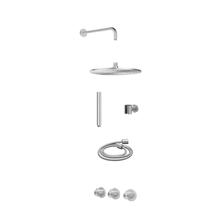 IVY Excl. inbouwbox regendoucheset inbouwthermostaatkraan met 2 vaste stopkranen symmetry, wandarm, R30cmME, houder met uitlaat, doucheslang 150cm en staafmodel – RVS316 geborsteld