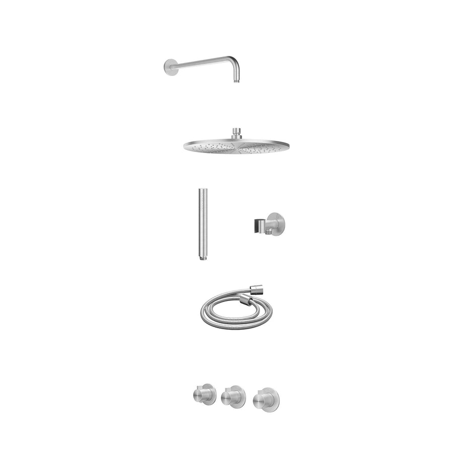 IVY Excl. inbouwbox regendoucheset inbouwthermostaatkraan met 2 vaste stopkranen symmetry, wandarm, R30cmME, glijstang met uitlaat, doucheslang 150cm en staafmodel – RVS316 geborst