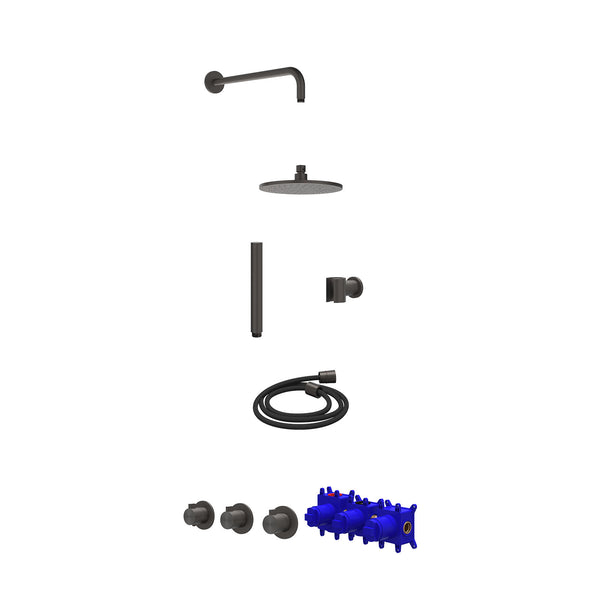 Regendoucheset inbouwthermostaatkraan met 2 vaste stopkranen symmetry, wandarm, R20cmME, houder met uitlaat, doucheslang 150cm en staafmodel