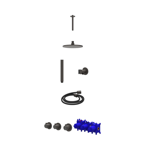 Regendoucheset inbouwthermostaatkraan met 2 vaste stopkranen symmetry, plafondbuis 20cm, R20cmME, glijstang met uitlaat, doucheslang 150cm en staafmodel