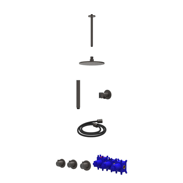 Regendoucheset inbouwthermostaatkraan met 2 vaste stopkranen symmetry, plafondbuis 30cm, R20cmME, glijstang met uitlaat, doucheslang 150cm en staafmodel