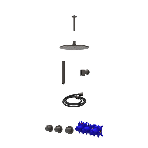 Regendoucheset inbouwthermostaatkraan met 2 vaste stopkranen symmetry, plafondbuis 20cm, R25cmME, houder met uitlaat, doucheslang 150cm en staafmodel