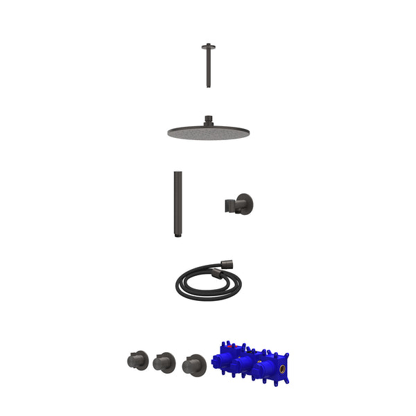 Regendoucheset inbouwthermostaatkraan met 2 vaste stopkranen symmetry, plafondbuis 20cm, R25cmME, glijstang met uitlaat, doucheslang 150cm en staafmodel