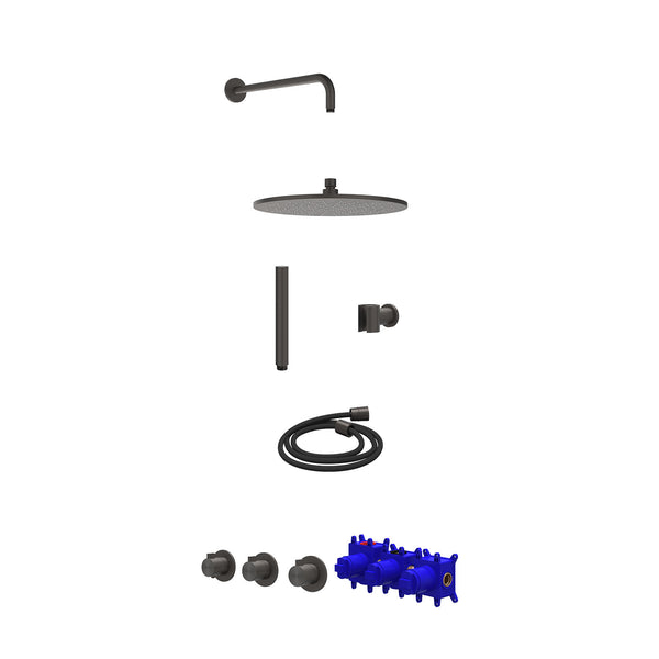 Regendoucheset inbouwthermostaatkraan met 2 vaste stopkranen symmetry, wandarm, R30cmME, houder met uitlaat, doucheslang 150cm en staafmodel