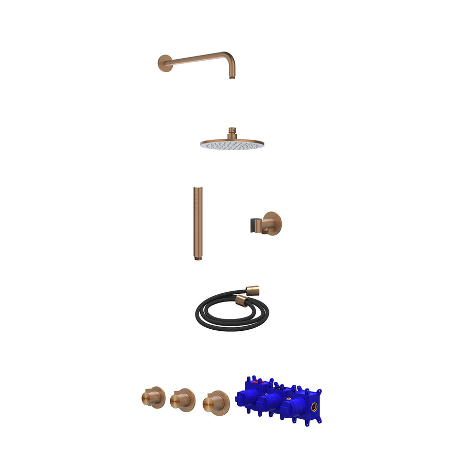 IVY Regendoucheset inbouwthermostaatkraan met 2 vaste stopkranen symmetry, wandarm, R20cmME, glijstang met uitlaat, doucheslang 150cm en staafmodel – RVS316 gebr. mat koper PVD