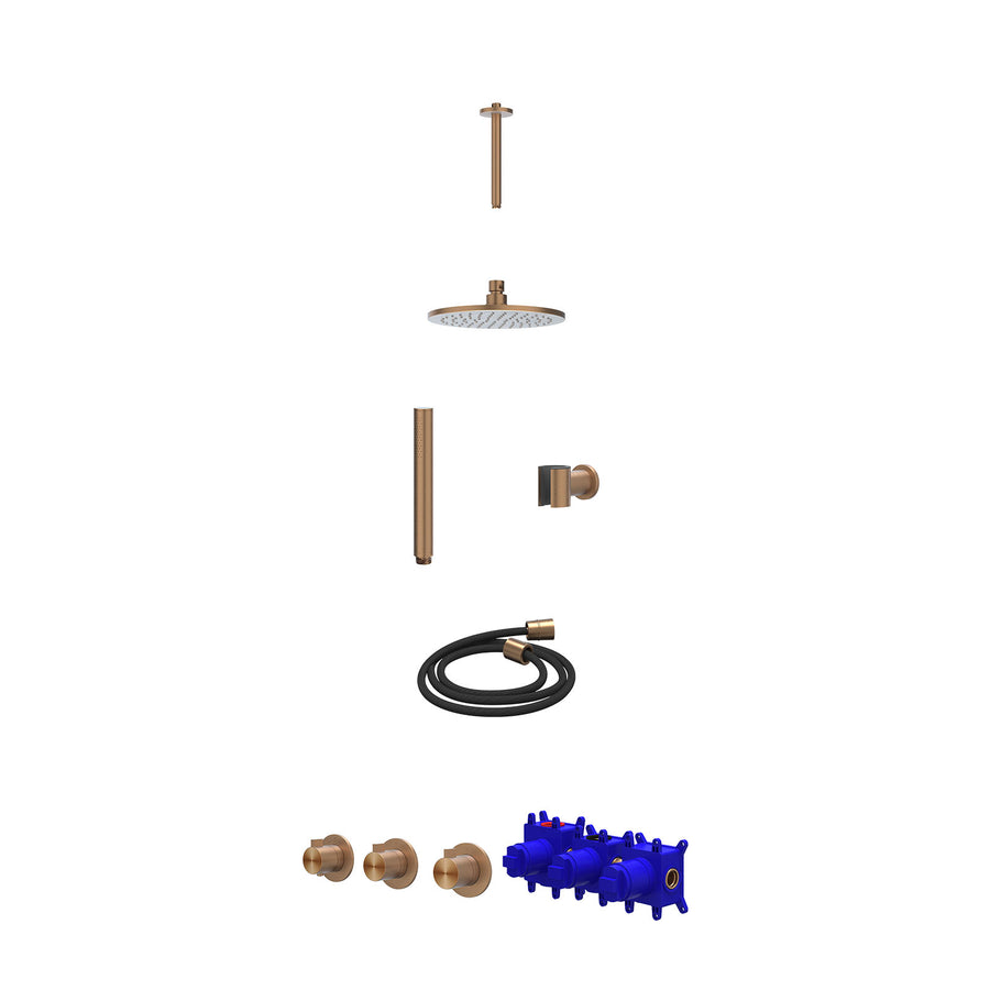 IVY Regendoucheset inbouwthermostaatkraan met 2 vaste stopkranen symmetry, plafondbuis 20cm, R20cmME, houder met uitlaat, doucheslang 150cm en staafmodel – RVS316 gebr. mat koper P
