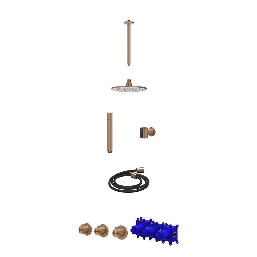 IVY Regendoucheset inbouwthermostaatkraan met 2 vaste stopkranen symmetry, plafondbuis 30cm, R20cmME, houder met uitlaat, doucheslang 150cm en staafmodel – RVS316 gebr. mat koper P
