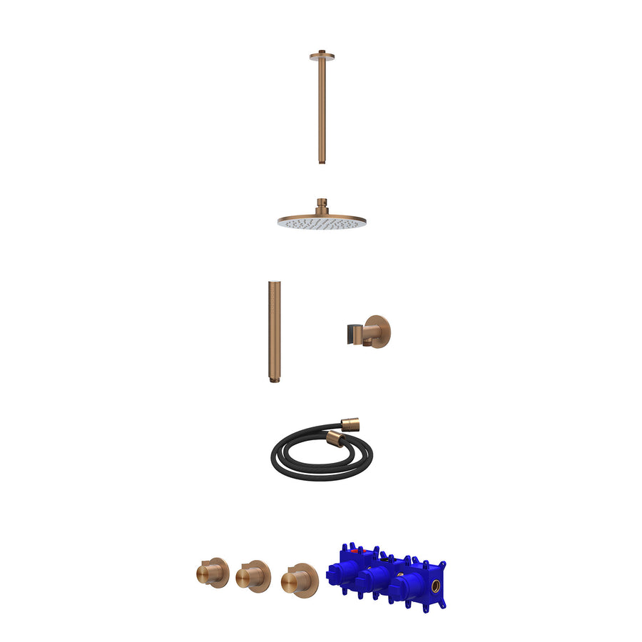 IVY Regendoucheset inbouwthermostaatkraan met 2 vaste stopkranen symmetry, plafondbuis 30cm, R20cmME, glijstang met uitlaat, doucheslang 150cm en staafmodel – RVS316 gebr. mat kope
