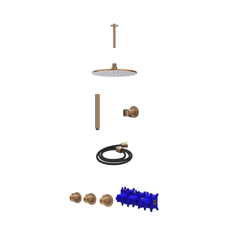 IVY Regendoucheset inbouwthermostaatkraan met 2 vaste stopkranen symmetry, plafondbuis 20cm, R25cmME, glijstang met uitlaat, doucheslang 150cm en staafmodel – RVS316 gebr. mat kope