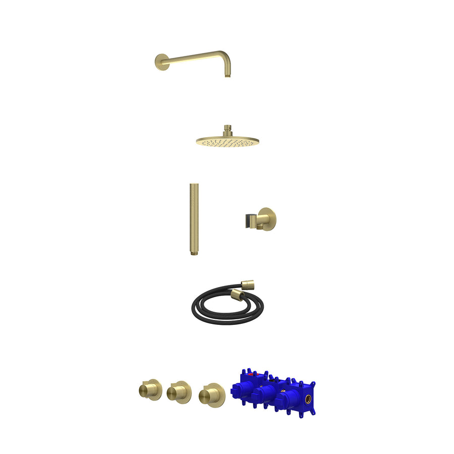 IVY Regendoucheset inbouwthermostaatkraan met 2 vaste stopkranen symmetry, wandarm, R20cmME, glijstang met uitlaat, doucheslang 150cm en staafmodel – RVS316 gebr. mat goud PVD
