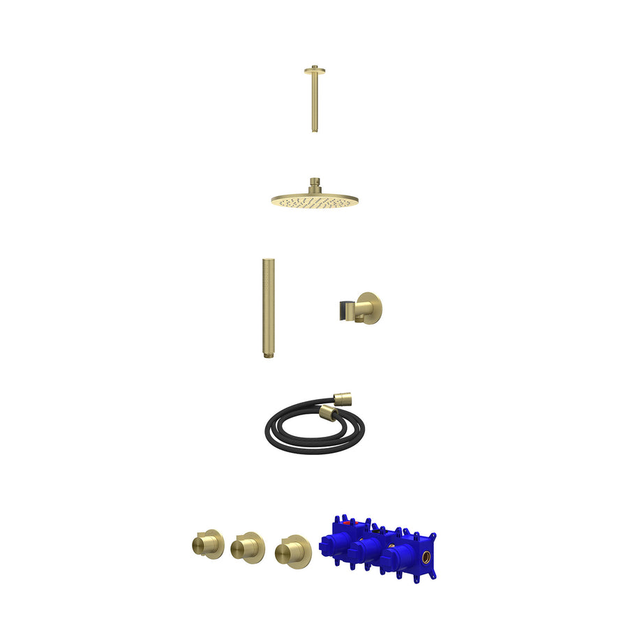 IVY Regendoucheset inbouwthermostaatkraan met 2 vaste stopkranen symmetry, plafondbuis 20cm, R20cmME, glijstang met uitlaat, doucheslang 150cm en staafmodel – RVS316 gebr. mat goud
