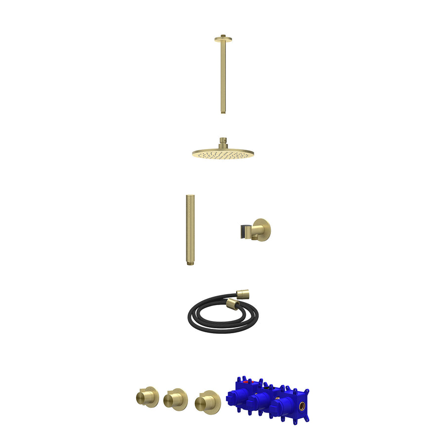 IVY Regendoucheset inbouwthermostaatkraan met 2 vaste stopkranen symmetry, plafondbuis 30cm, R20cmME, glijstang met uitlaat, doucheslang 150cm en staafmodel – RVS316 gebr. mat goud