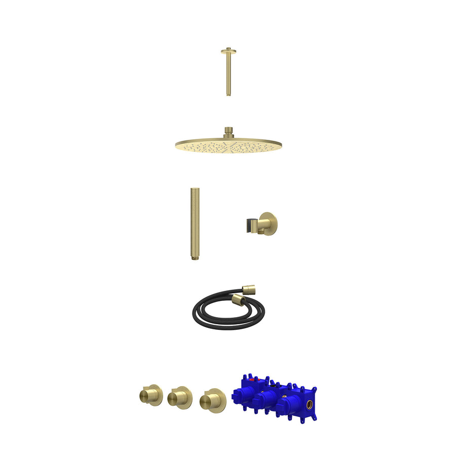 IVY Regendoucheset inbouwthermostaatkraan met 2 vaste stopkranen symmetry, plafondbuis 20cm, R30cmME, glijstang met uitlaat, doucheslang 150cm en staafmodel – RVS316 gebr. mat goud