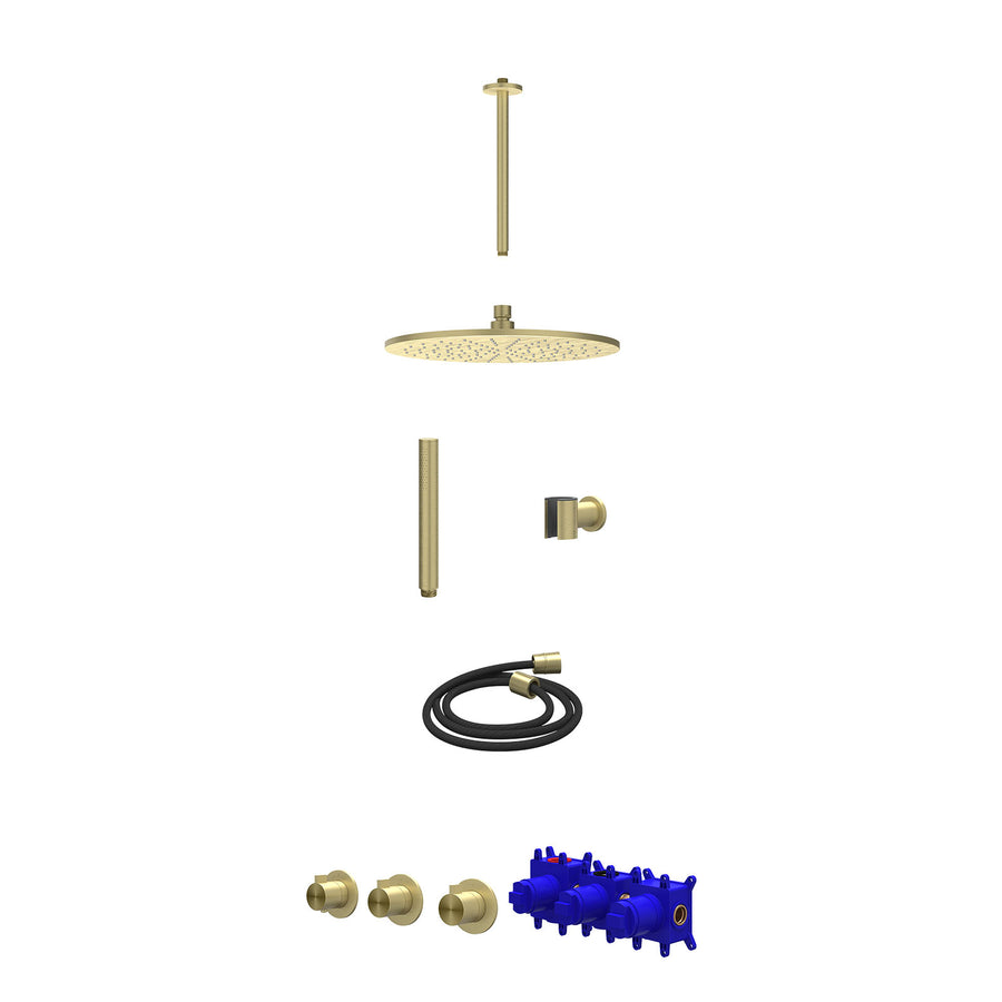 IVY Regendoucheset inbouwthermostaatkraan met 2 vaste stopkranen symmetry, plafondbuis 30cm, R30cmME, houder met uitlaat, doucheslang 150cm en staafmodel – RVS316 gebr. mat goud PV