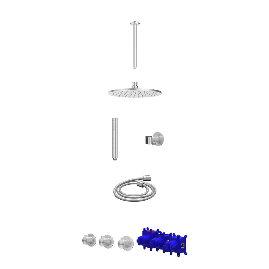 IVY Regendoucheset inbouwthermostaatkraan met 2 vaste stopkranen symmetry, plafondbuis 30cm, R25cmME, glijstang met uitlaat, doucheslang 150cm en staafmodel – RVS316 geborsteld