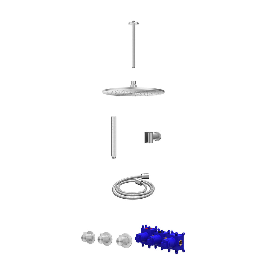 IVY Regendoucheset inbouwthermostaatkraan met 2 vaste stopkranen symmetry, plafondbuis 30cm, R30cmME, houder met uitlaat, doucheslang 150cm en staafmodel – RVS316 geborsteld
