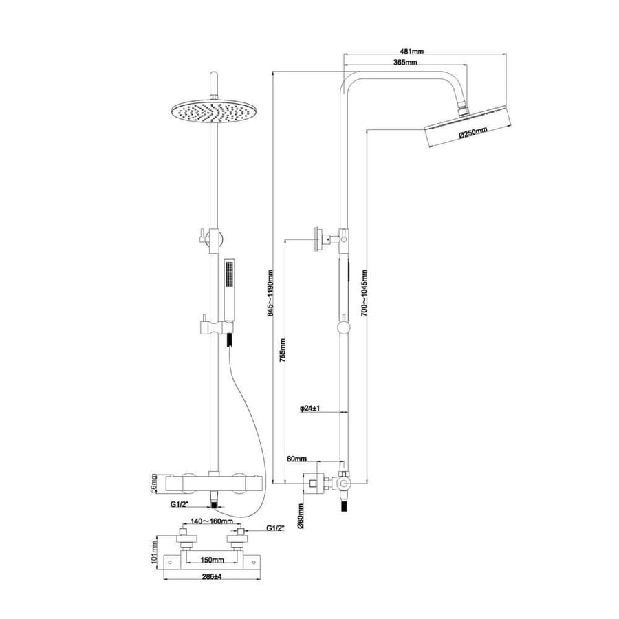 Caral thermostatische Regenduschset Aufbau matt schwarz