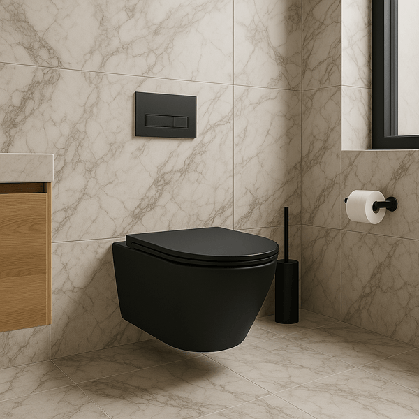 WC suspendu Wiesbaden Vesta Mat Noir – Toilette sans rebord avec chasse Tornado, abattant Softclose & Quickrelease
