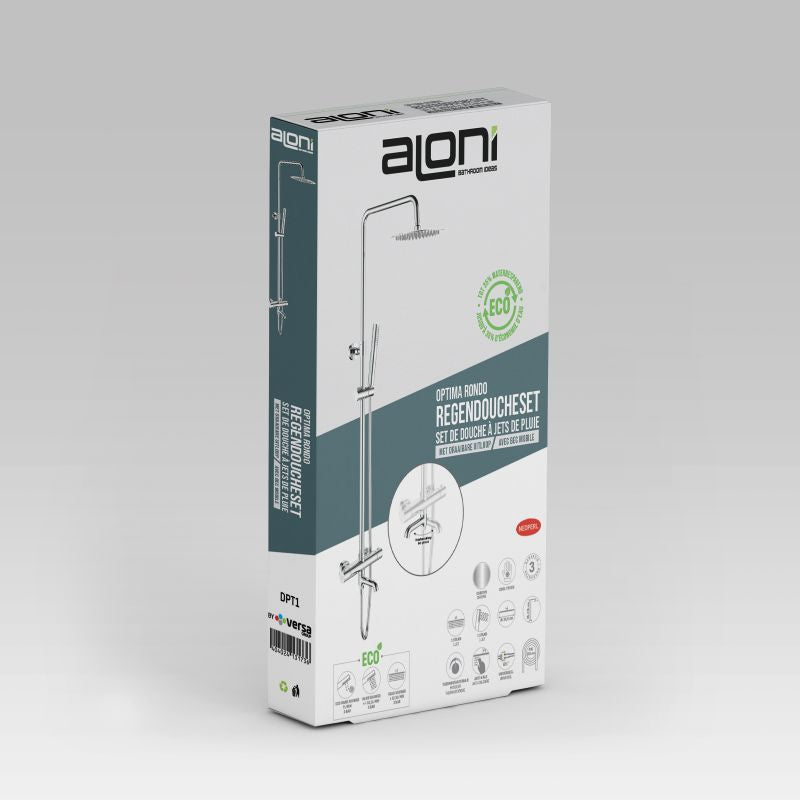 ALONI OPTIMA RONDO REGENDOUCHESET MET DRAAIBARE UITLOOP - THERMOSTATISCH - OPBOUW - COOL TOUCH - CHROOM - productafbeelding