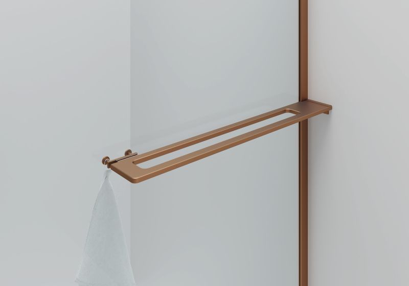 CURVY INLOOPDOUCHE MET HANDDOEKHOUDER - GEBOGEN - MET ANTI-KALKBEHANDELING - OMKEERBAAR - 8MM VEILIGHEIDSGLAS - 100X200CM - GEBORSTELD KOPER - HELDER GLAS - detailafbeelding