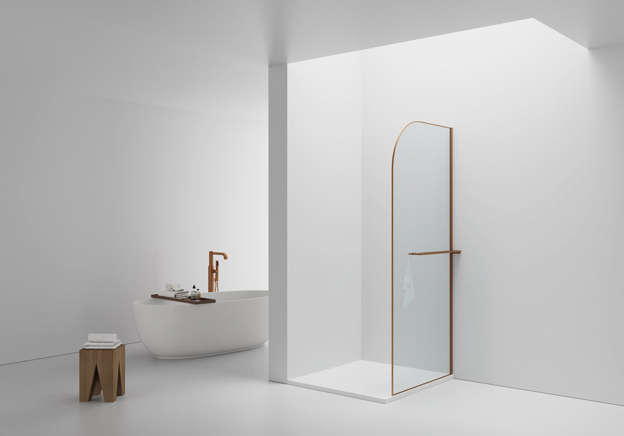 CURVY INLOOPDOUCHE MET HANDDOEKHOUDER - GEBOGEN - MET ANTI-KALKBEHANDELING - OMKEERBAAR - 8MM VEILIGHEIDSGLAS - HELDER GLAS