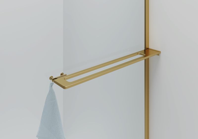 CURVY INLOOPDOUCHE MET HANDDOEKHOUDER - GEBOGEN - MET ANTI-KALKBEHANDELING - OMKEERBAAR - 8MM VEILIGHEIDSGLAS - 100X200CM - GEBORSTELD GOUD - HELDER GLAS - detailafbeelding