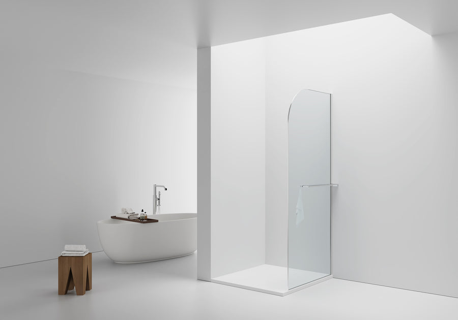 CURVY INLOOPDOUCHE MET HANDDOEKHOUDER - GEBOGEN - MET ANTI-KALKBEHANDELING - OMKEERBAAR - 8MM VEILIGHEIDSGLAS - HELDER GLAS