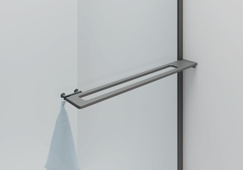 CURVY INLOOPDOUCHE MET HANDDOEKHOUDER - GEBOGEN - MET ANTI-KALKBEHANDELING - OMKEERBAAR - 8MM VEILIGHEIDSGLAS - 100X200CM - GUNMETAL - HELDER GLAS - detailafbeelding