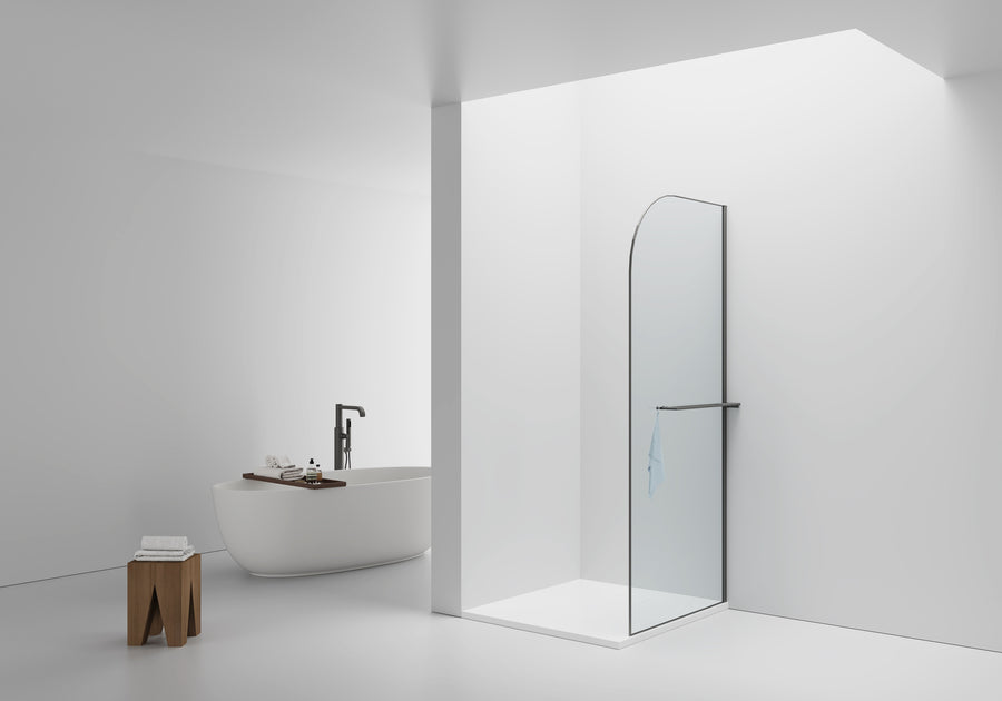 CURVY INLOOPDOUCHE MET HANDDOEKHOUDER - GEBOGEN - MET ANTI-KALKBEHANDELING - OMKEERBAAR - 8MM VEILIGHEIDSGLAS - HELDER GLAS