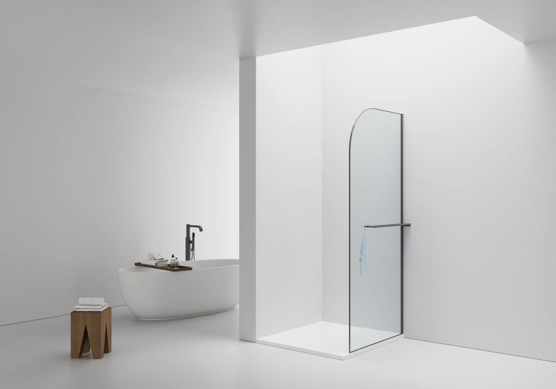 CURVY INLOOPDOUCHE MET HANDDOEKHOUDER - GEBOGEN - MET ANTI-KALKBEHANDELING - OMKEERBAAR - 8MM VEILIGHEIDSGLAS - 100X200CM - GUNMETAL - HELDER GLAS - productafbeelding