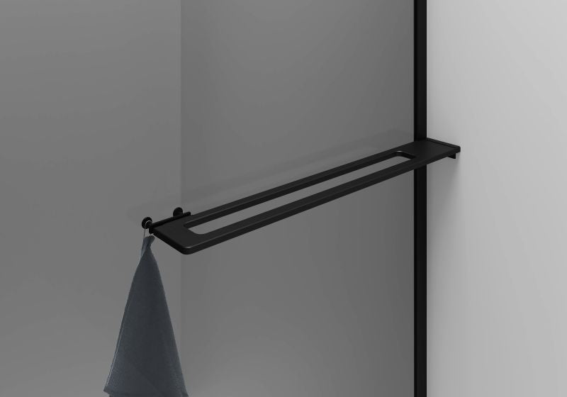 CURVY INLOOPDOUCHE MET HANDDOEKHOUDER - GEBOGEN - MET ANTI-KALKBEHANDELING - OMKEERBAAR - 8MM VEILIGHEIDSGLAS - 100X200CM - MAT ZWART - GRIJS ROOKGLAS - detailafbeelding