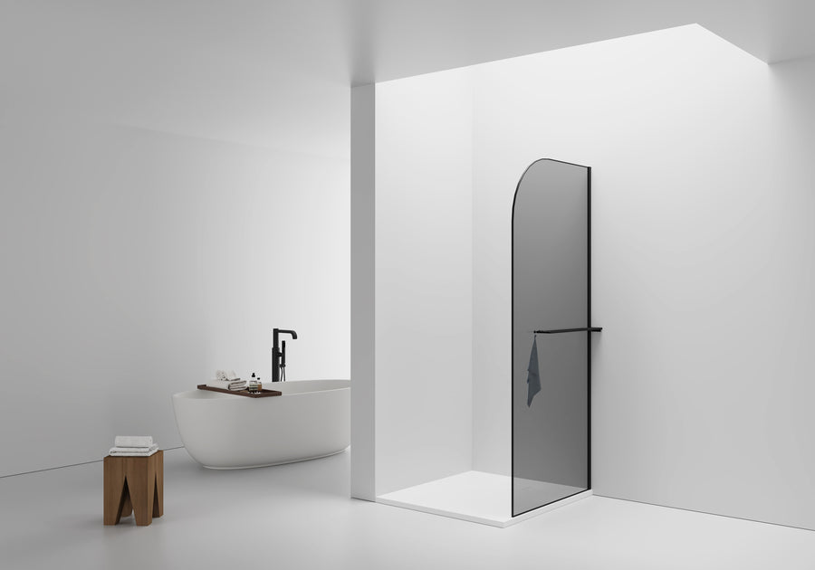 CURVY INLOOPDOUCHE MET HANDDOEKHOUDER - GEBOGEN - MET ANTI-KALKBEHANDELING - OMKEERBAAR - 8MM VEILIGHEIDSGLAS - HELDER GLAS