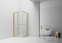 INSLIDE DOUCHECABINE - NAAR BINNEN OPENENDE SCHUIFDEUR EN ZIJWAND - RUIMTEBESPAREND - OMKEERBAAR - 6MM VEILIGHEIDSGLAS - 90X90X200 CM - GEBORSTELD GOUD - HELDER GLAS