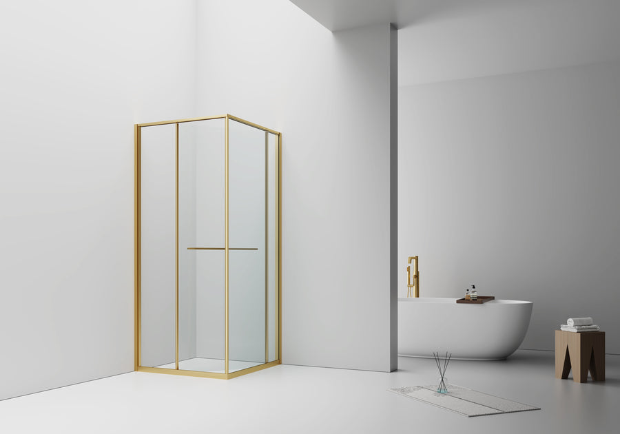 Inslide Douchecabine - naar Binnen Openende Schuifdeur en Zijwand - Ruimtebesparend - Omkeerbaar - 6MM Veiligheidsglas - 90X90X200 Cm - geborsteld Goud - helder glas