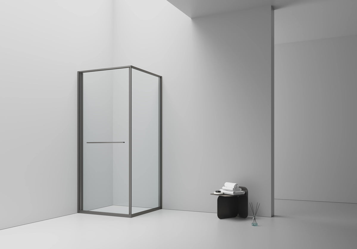 INSLIDE DOUCHECABINE - NAAR BINNEN OPENENDE SCHUIFDEUR EN ZIJWAND - RUIMTEBESPAREND - OMKEERBAAR - 6MM VEILIGHEIDSGLAS - 90X90X200 CM - GUNMETAL - HELDER GLAS
