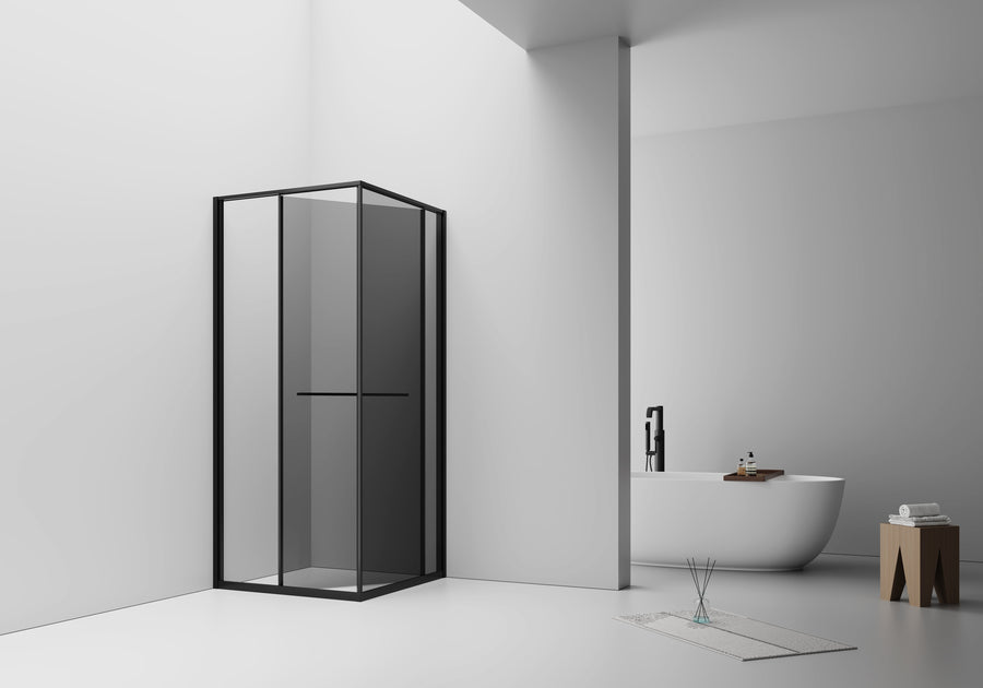 Inslide Douchecabine - naar Binnen Openende Schuifdeur en Zijwand - Ruimtebesparend - Omkeerbaar - 6MM Veiligheidsglas - 90X90X200 Cm - Mat Zwart - grijs Rookglas