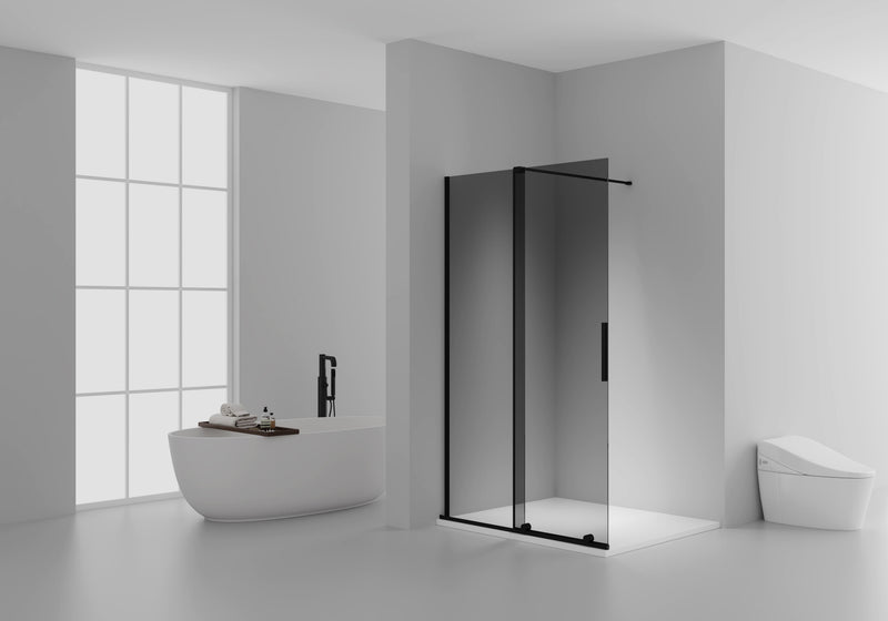 X-SLIDE INLOOPDOUCHE MET SCHUIFDEUR - SCHUIFDEUR VOOR NIS - MET ANTI-KALKBEHANDELING - OMKEERBAAR - 8MM VEILIGHEIDSGLAS - 120X200CM - MAT ZWART - GRIJS ROOKGLAS