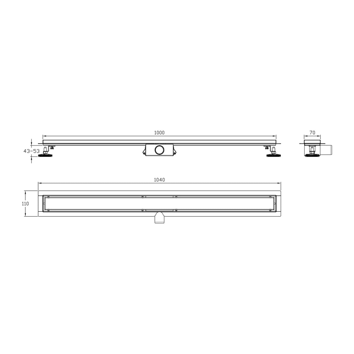 DutchLine Douchegoot met flens en tegelrooster - 1000x70mm / RVS - technische tekening #variant_57359067316548