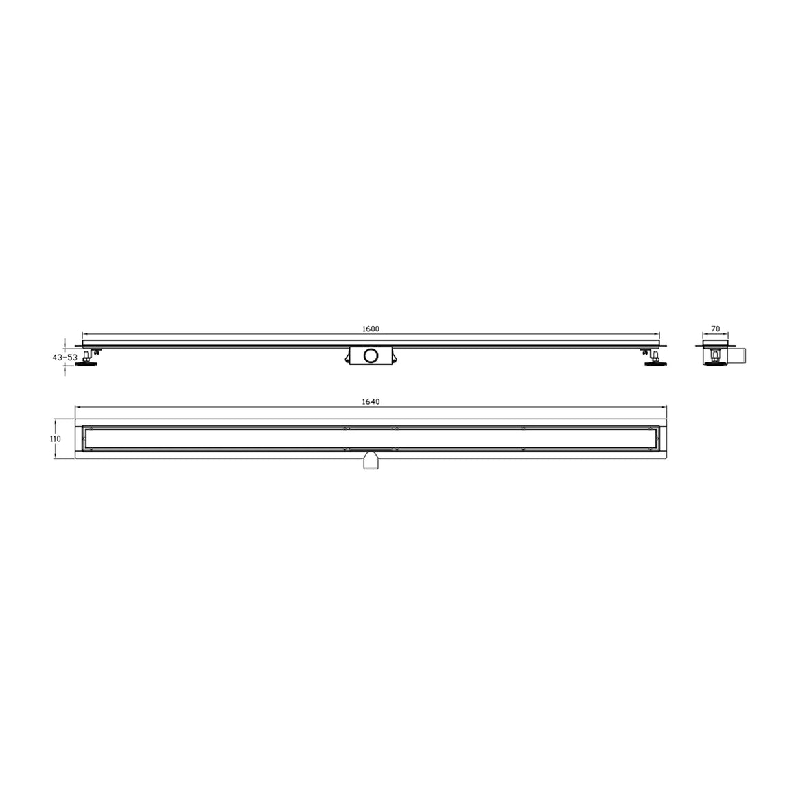 DutchLine Douchegoot met flens en tegelrooster - 1600x70mm / RVS - technische tekening #variant_57359067414852