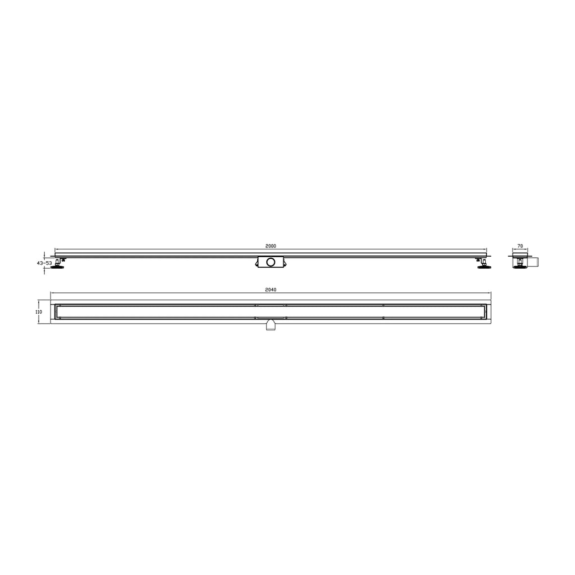 DutchLine Douchegoot met flens en tegelrooster - 2000x70mm / RVS - technische tekening #variant_57359067480388