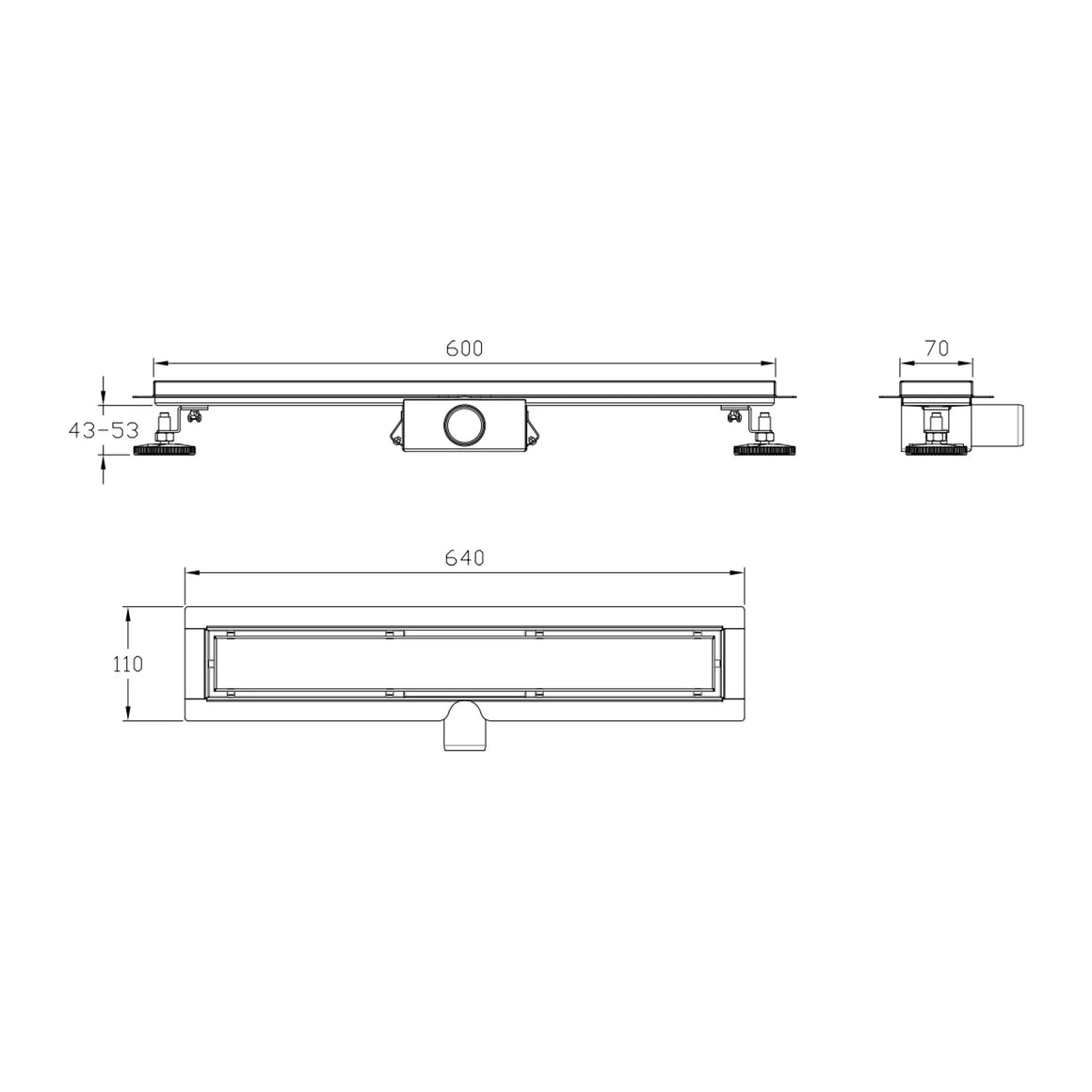 DutchLine Douchegoot met flens en tegelrooster - 600x70mm / RVS - technische tekening #variant_57359067513156