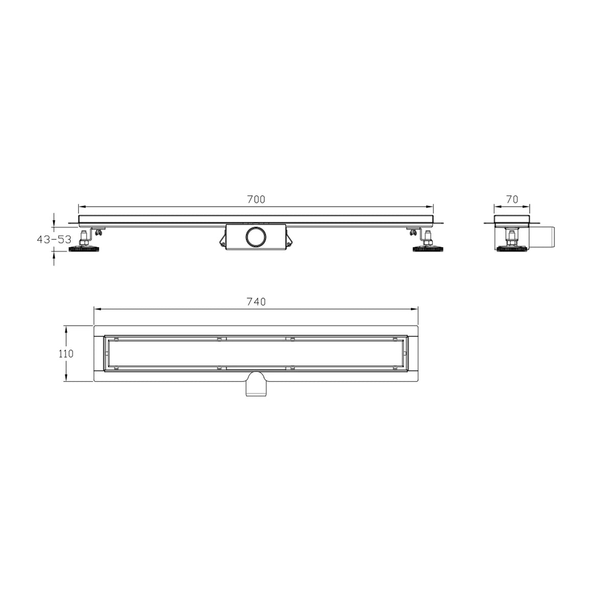 DutchLine Douchegoot met flens en tegelrooster - 700x70mm / RVS - technische tekening #variant_57359067545924