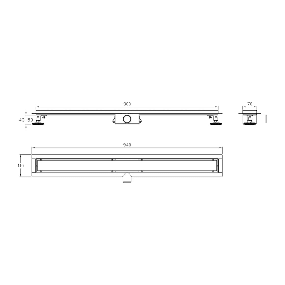 DutchLine Douchegoot met flens en tegelrooster - 900x70mm / RVS - technische tekening #variant_57359067611460