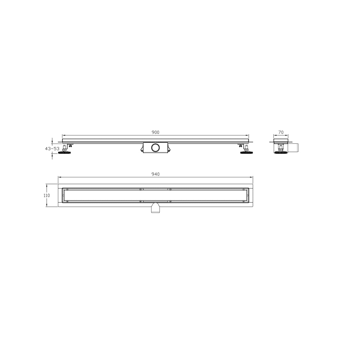 DutchLine Douchegoot met flens en tegelrooster - RVS - 900x70mm