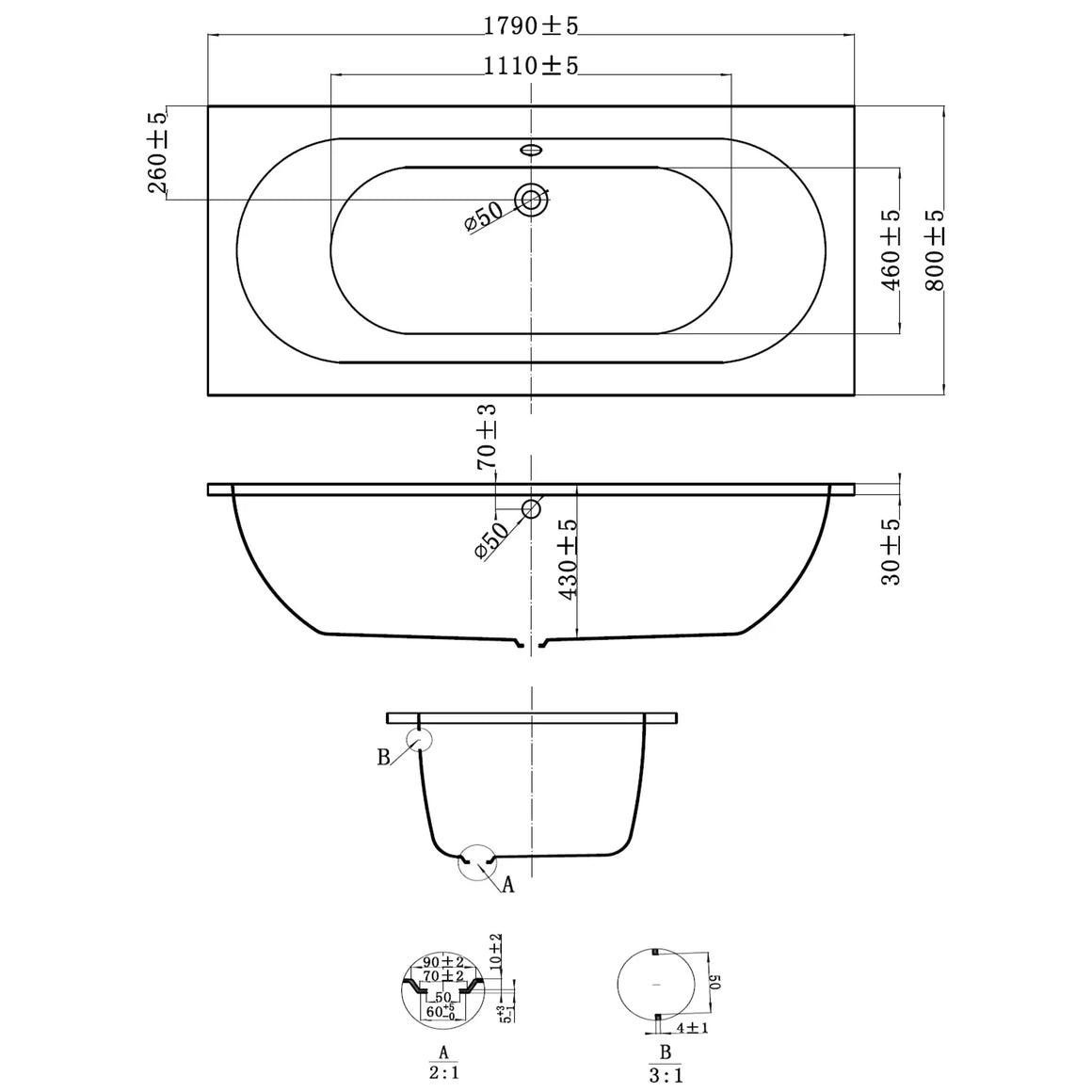 DutchLine Drop RD - Inbouw Bad - Glans Wit - 1800x800x450