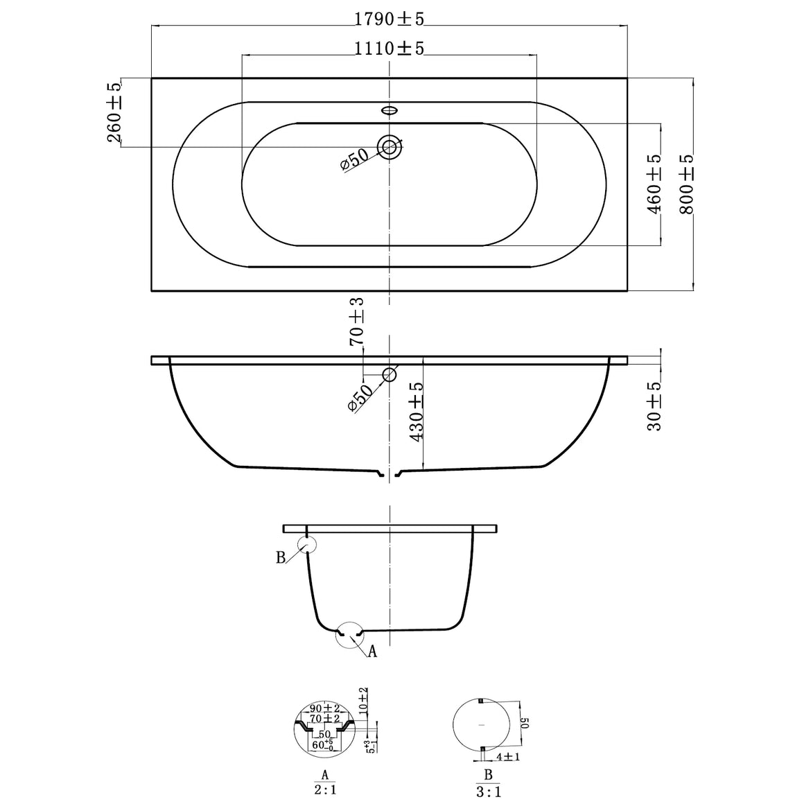DutchLine Drop RD - Inbouw Bad - Glans Wit - 1800x800x450
