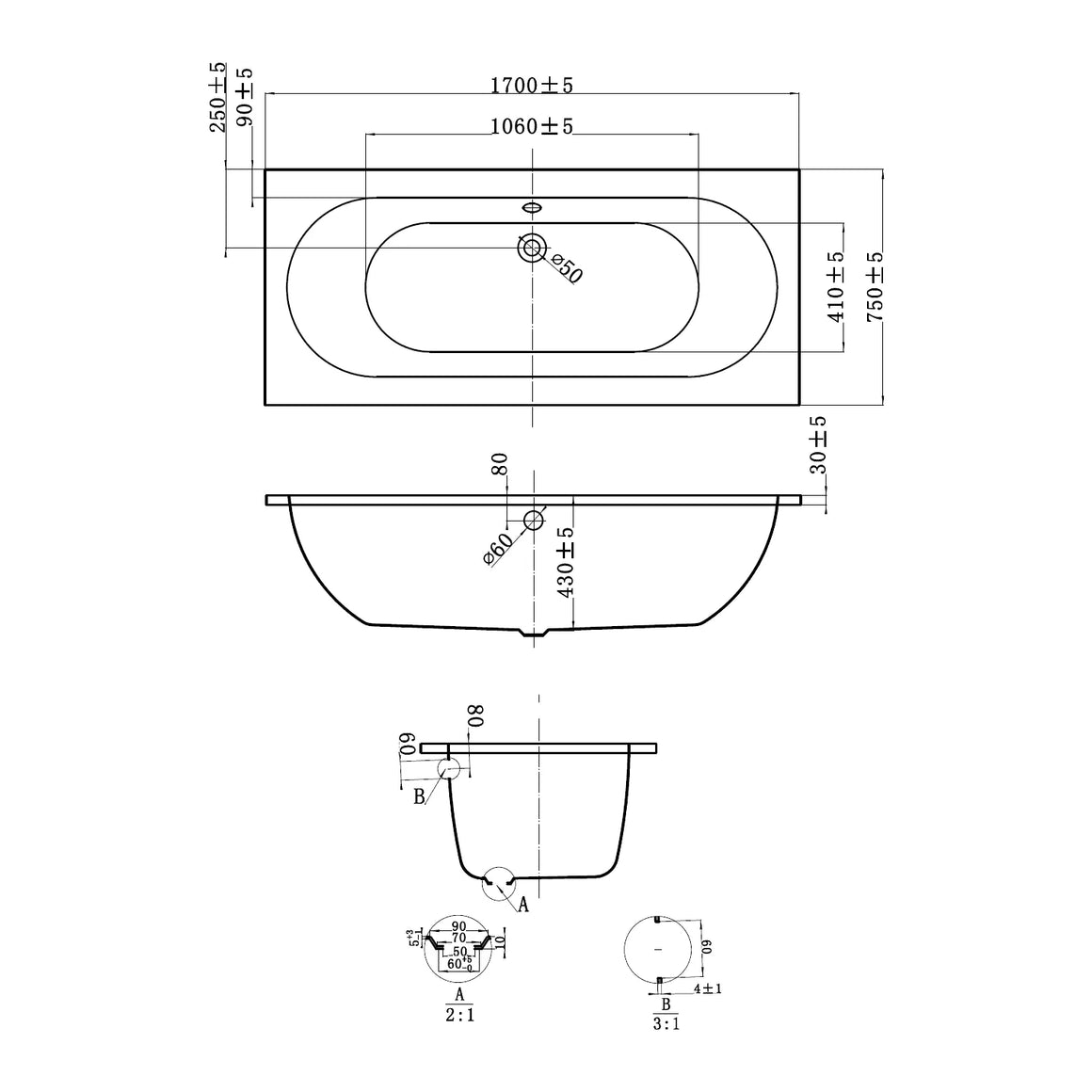 DutchLine Drop RD - Inbouw Bad - Mat Wit - 1700x750x450
