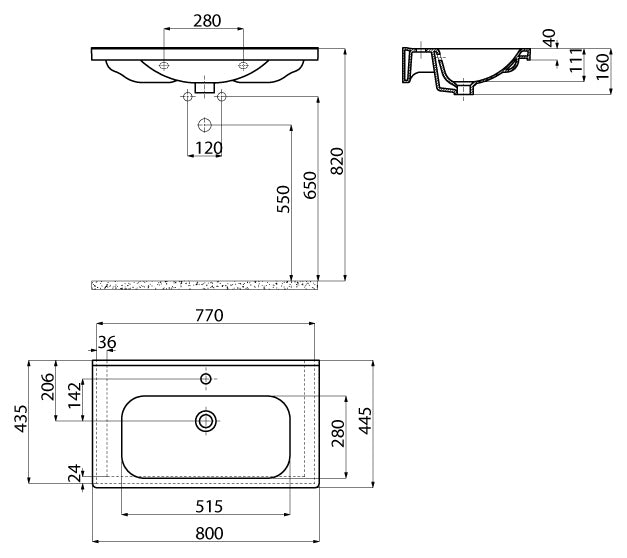 Creavit Eksen EK080 wastafel EK080-00CB00E-0000 glanzend wit - technische tekening