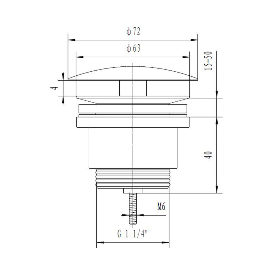 Technical drawing of Eco open afvoerplug 5/4" chroom with dimensions and specifications.